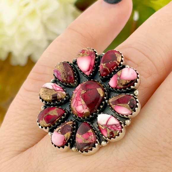 Pure Sterling Silver 925 Red Dahlia Turquoise Cluster Ring Size 7 Navajo Style - Picture 4 of 12